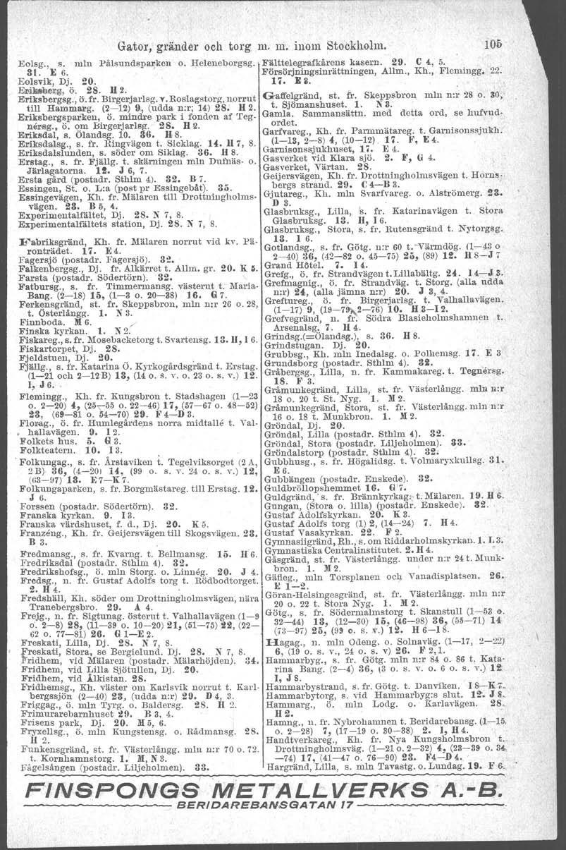 E31i~"'~ Gator, gränder och torg m. ni. inom Stockholm, 10& Fälttelegrafkårens kasern. 29. C 4, 5. 86. mln Påtsundeparken o. Heleneborgsg. Försörjningsinrättningen, Allm., Kh., Flcmingg, 22. 11. E8.