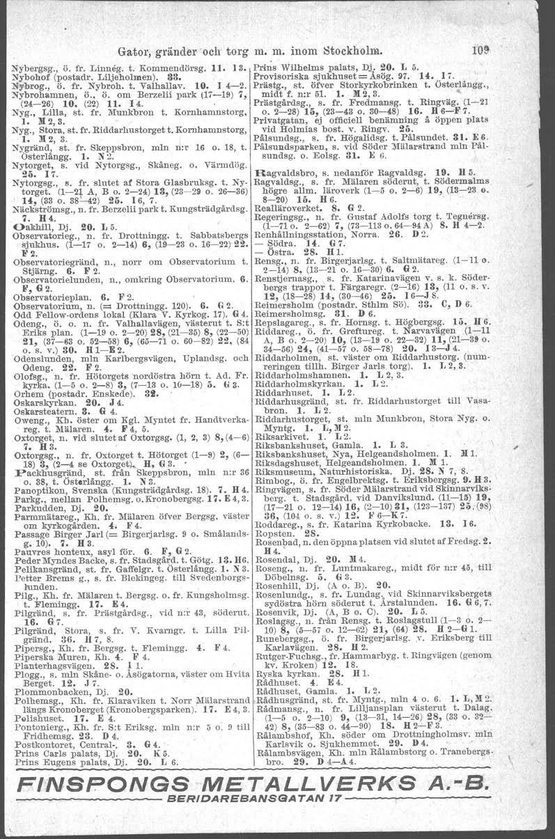 ---::-..--'.;:--:-,-;:---;:---------.,.,----,,-,----.,,------,---c--~- Gator, gränder ock torg m. m. inom Stockholra. 10~ Nybel'gsg.) ö. fr. Linneg. t. Kommendörsg, 11. 13. Nybohof (postadr.