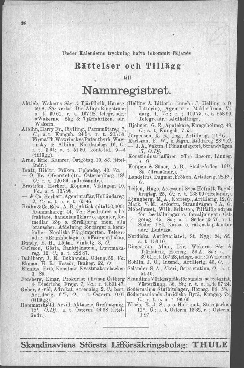Usder Xalend'(rns tryckning hafva inkommit följande. Rätte'lser och Tillägg till Namnregistret. Aktieb, Wakerns Såg & Tjärf.Thrik, Hornsg. j HelIing & Littorin (inneh.: J.