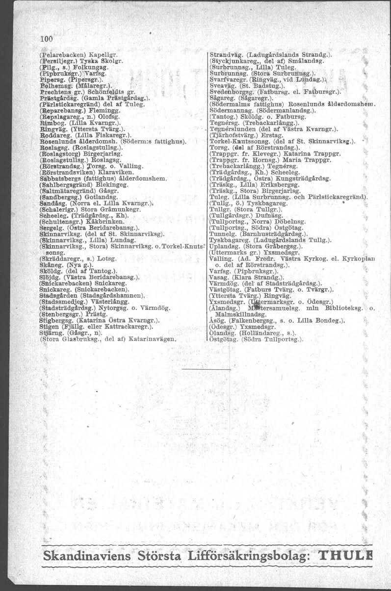 roo (Pelarebaoken) Kapeltgr. StI'andväg. (Ladugårdslands StI'andg.). (Perailjegr.) Tyska Skolar. (Styckjunkareg., del af) Smålandsg. (:filg., s.) Folkungag.. (Surbrunnsg., Lilla) Tuleg. (Pipbrukilgr.