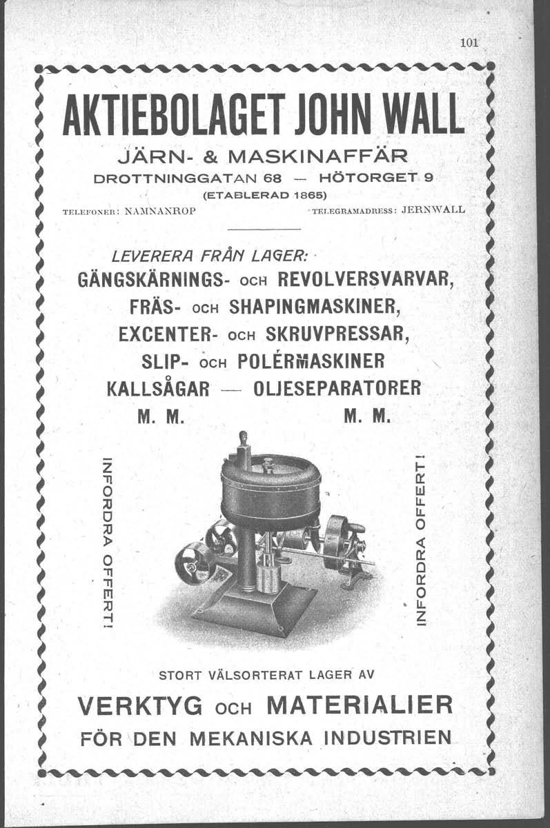 1m.rAKTiEBOLAGETjoHNWm~!, JÄRN- & MASKINAFFÄR,I, DROTTNINGGAT AN 68 - HÖTORGET"9 I, (ETABLERAD 1865), 'I I TELEFO"EI1: NAi\lNAl\ROP 'TELEGRAMADRESS: JERN'" ALL,.