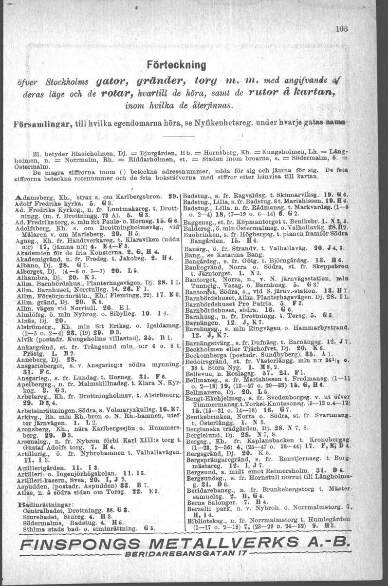 103 Förteckning ö/ver Stockholm«gator, grander, torg 111,. m. 'med angijvfjildeaj deras läge och de rotar, hvartill de hora, samt de rutor å kartan; inom hvilka de återfinnas.