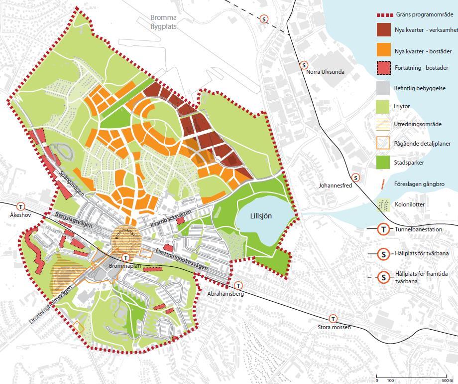 Sida 7 (14) Programmet Aktuellt programområde. Föreslagen ny bebyggelse markerat med rött och orange. Bild ur samrådsförslaget, SBK Dnr 2010-20840.