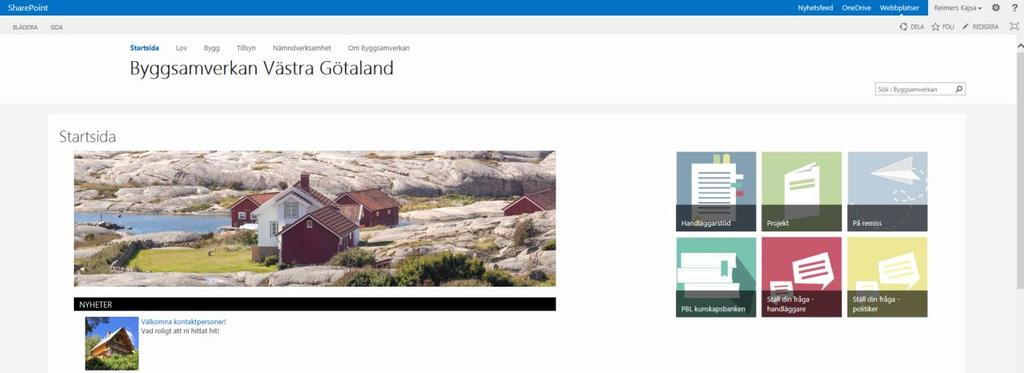 Förstasidan för samverkansportalen för Byggsamverkan Västra Götaland Samverkansplattformen kan endast användas av handläggare och politiker i medlemskommunerna.