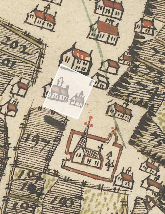 0 50 m Figur 10. Detalj ur den äldsta kartan över staden, från 1642. Vi ser en mycket liten stad med ett tjugotal stadsgårdar, omgivna av åkermark.