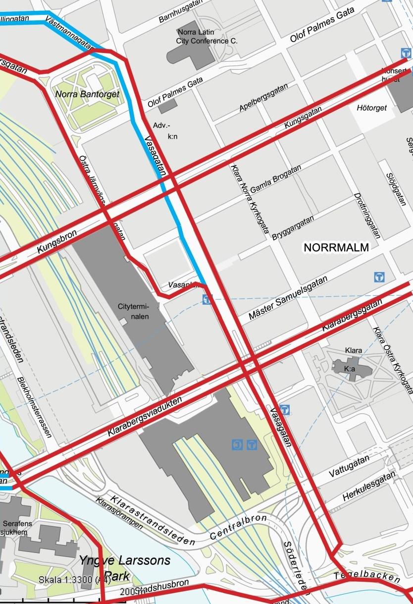 Cykelstråk enligt cykelplanen. Rött = pendlingsstråk (hög standard), blått = huvudstråk (medelhög standard) Projektområdet är cirka 750 meter långt och hastighetsgränsen är 50 km/h.
