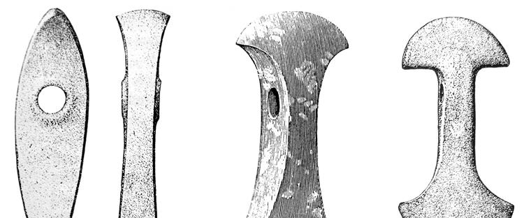 Dubbeleggade yxor från den yngre delen av trattbägarkulturen c:a 3350-2950 f.kr. (Montelius,O.