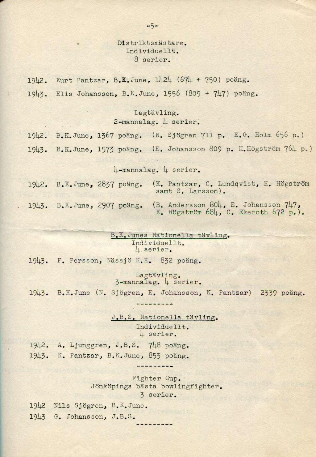 -5- Distriktsmästare. 8 serier. 191+2. Kurt Pantzar, B.K.June, 11+21+ (67!+ + 7S0) poäng. I9J4.3. Elis Johansson, B.K.June, IS56 (809 + 7I+7) poäng. Lagtävling. 2-mannalag. 1+ serier, 19i+2. B.K.June, 1367 poäng.