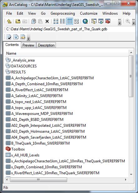 BILAGA A ModelBuilder-verktyg Figur 23 visar filgeodatabasen SeaGIS_Swedish_part_of_The_Quark.gdb och dess innehåll.