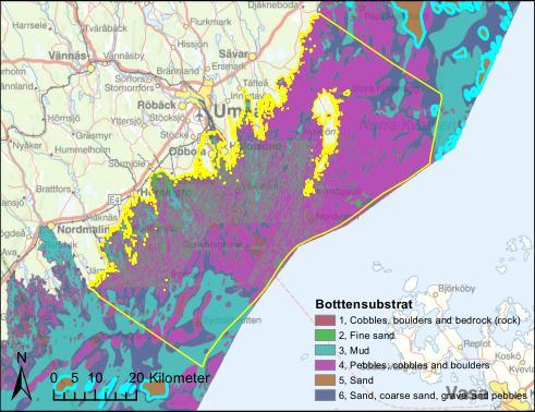 Figur 4 I kartan är bottensubstratklassen Sand / klass5 markerad. Vågexponering Vågexponeringsdata, se Figur 5, laddades ner från Naturvårdsverkets miljödataportal.