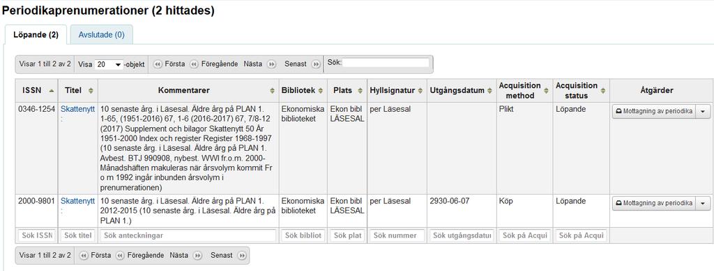 I träfflistan som du får finns både löpande och avslutade prenumerationer.