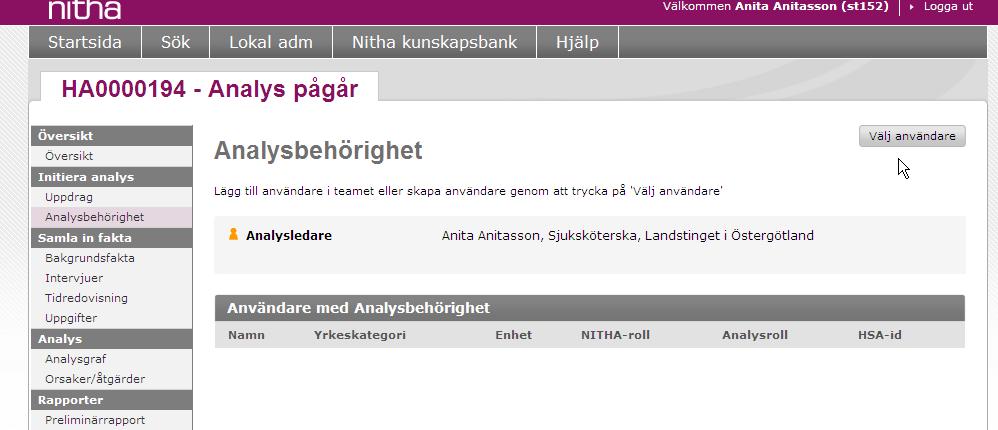 Skapa analysteamet genom att klicka på välj användare.