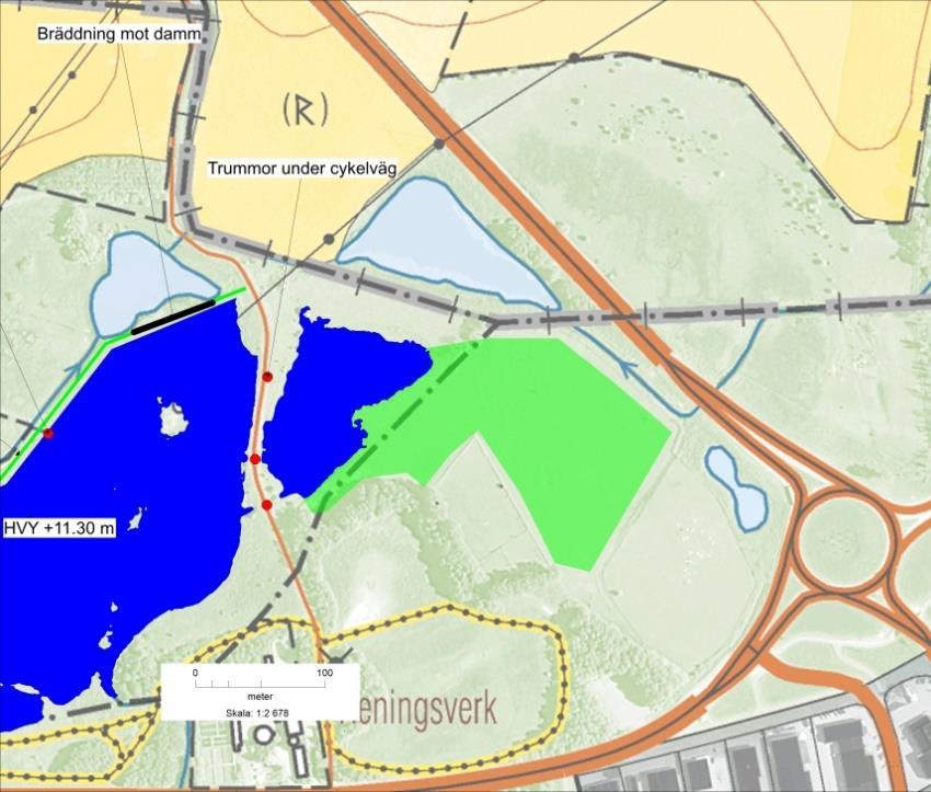 Figur 13. Exempel på område som skulle kunna schaktas ur för att öka magasinskapaciteten (grönt). Området är ca 2,5 hektar.