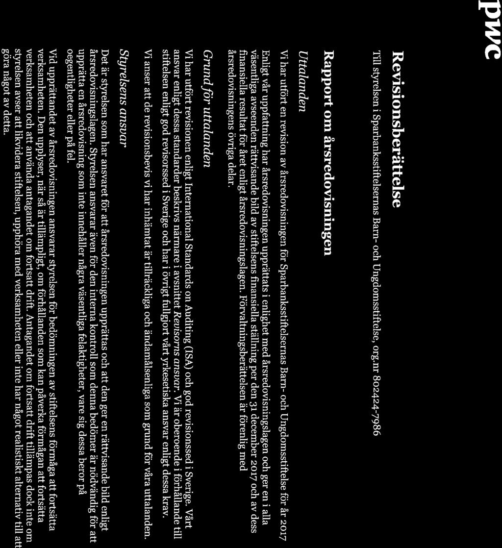pwc Revisionsberättelse Till styrelsen i Sparbanksstiftelsernas Barn- och Ungdomsstiftelse, org.