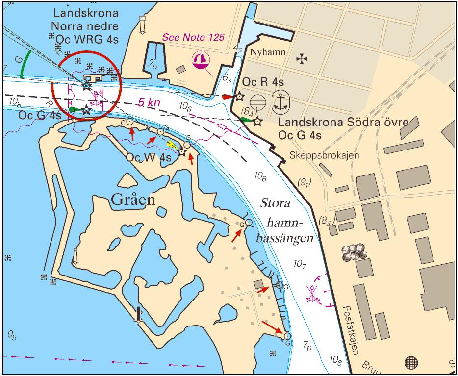 Inför sjömärke a) 55-51,986N 012-49,096E Inför sjömärke b) 55-51,969N 012-49,186E Inför sjömärke c) 55-51,948N 012-49,264E Inför sjömärke d) 55-51,820N 012-49,444E