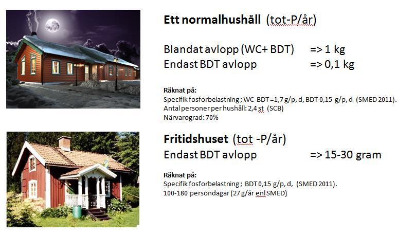 Figur 3. Mängder fosfor per år som ett normalt hushåll respektive fritidshus förväntas generera till avloppsanläggningen (Kunskapscentrum Små Avlopp 2013).