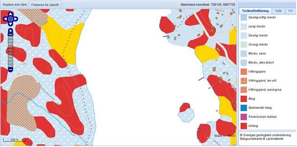 Figur 21. Jordarter vid villafastighet i kustens klipplandskap. Skala ca 1:5000 (SGU 2014).