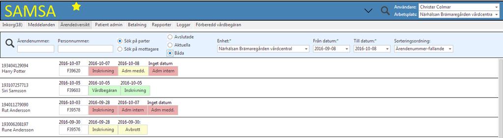 Ärendeöversikt Denna vy är en översikt över enhetens Aktuella ärenden och/eller