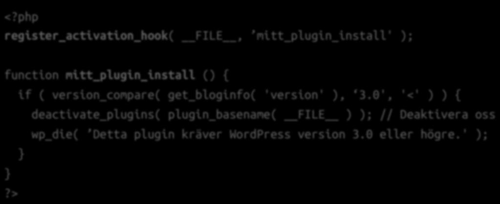 Exempel <?php register_activation_hook( FILE, mitt_plugin_install' ); function mitt_plugin_install () { if ( version_compare( get_bloginfo( 'version' ), 3.