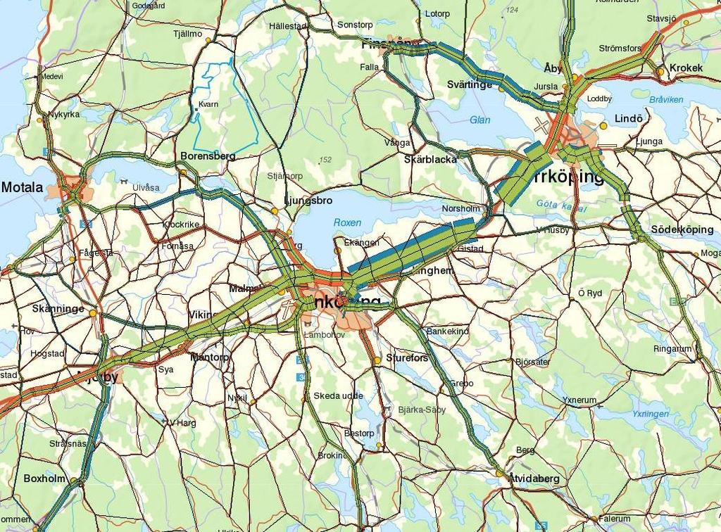 repo001.docx 2012-03-2914 Figur 0.15: PbY okalibrerad trafik i Östergötland skala 100 Lantmäteriet 202100-6297 I Östergötland ligger flödet på E4 i samma storleksordning som de skapade räknedata.