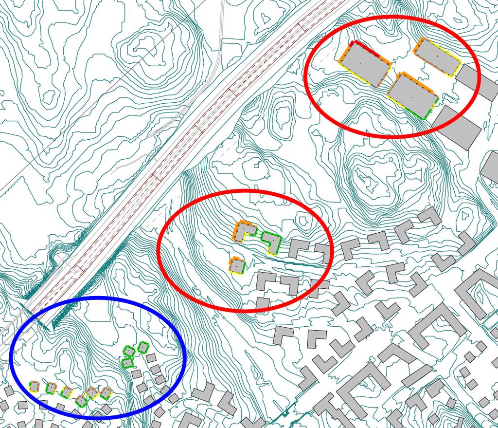 Buller utmed Norrortsleden Norrortsledens tunnelmynning - De byggnader som finns inom de rödmarkerade fälten utsätts för buller över 55 db(a), medan byggnaderna inom den blå markeringen utsätts för