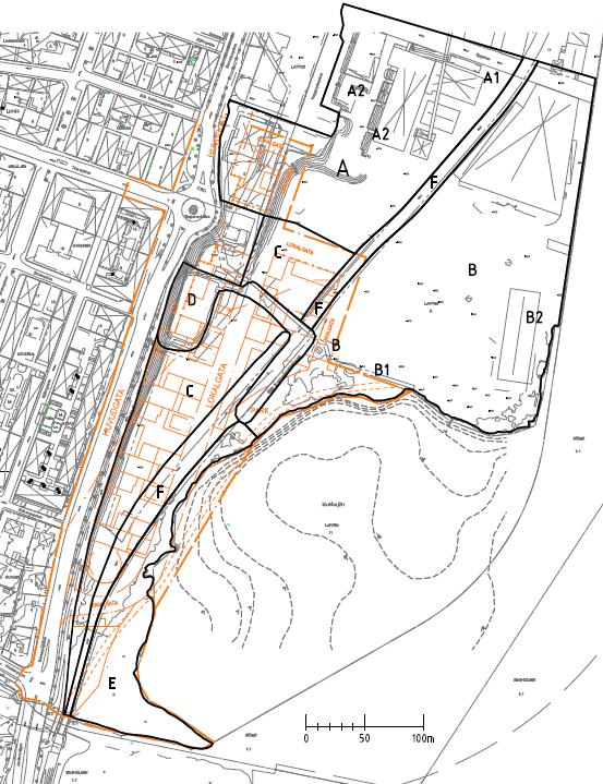 repo001.docx 2012-03-2914 Figur 1. Områdesinledning A-F visas med svarta linjer. Detaljplan etapp 1 visas orange i fonden.