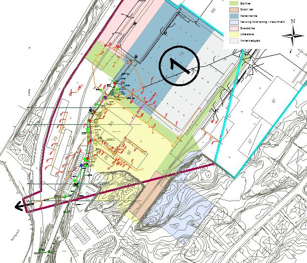 4.3 Lämpliga ytor för framtida dagvattenhantering Planområdet är till stora delar plansprängt och därför mycket flackt. Åkersjövägen nordväst om området ligger lägre än planområdet.