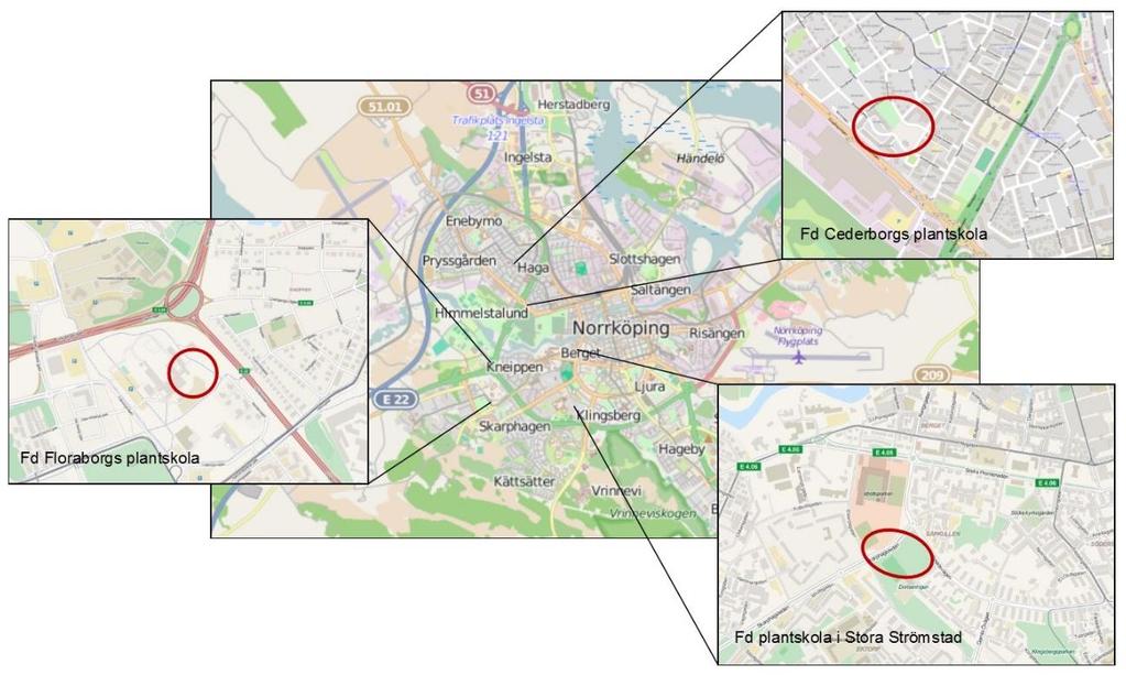 repo001.docx 2012-03-2914 Figur 1. Plantskolornas läge i Norrköping. OpenStreetMaps bidragsgivare. 2.2 Skyddsobjekt Fd Cedersborgs handelsträdgård Den tidigare plantskolan låg på en plats som nu är bostadsområde.