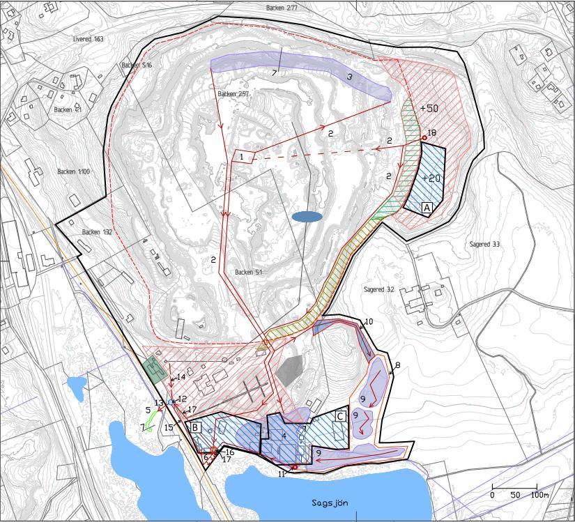 Våtmark Norr, figur 7.2, samt för Våtmark Syd och Öst, figur 7.3. Tabell 7.2 redovisar den beräknade reningspotentialen för tre alternativa våtmarker.