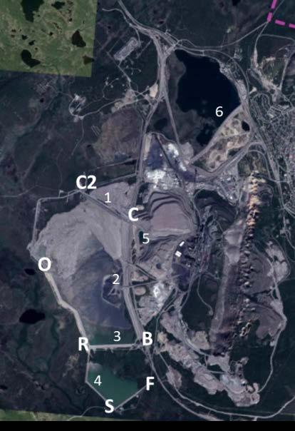 Figur 3.2. LKAB:s dammar i Kiruna kan indelas i två dammanläggningar; Deponisystemet för anrikningssand (dammkropp 1.-5.) Luossajärvidammen (6.