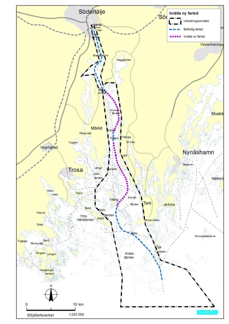 Figur 2-1 Inrättande av ny farled (lila) respektive fördjupning av befintlig