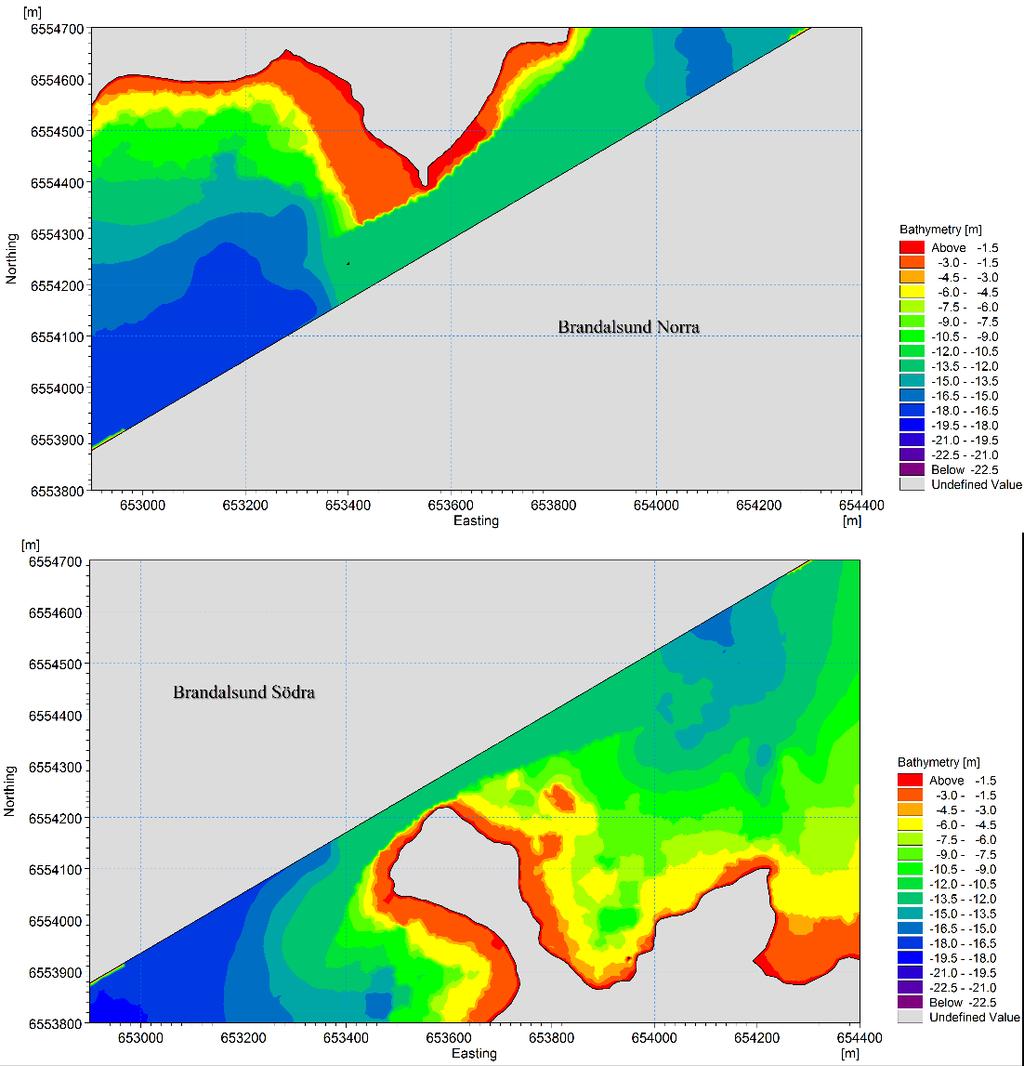 Data och metoder Figur 3-6 Exempel på modellbatymetrier för norra (övre bild) och
