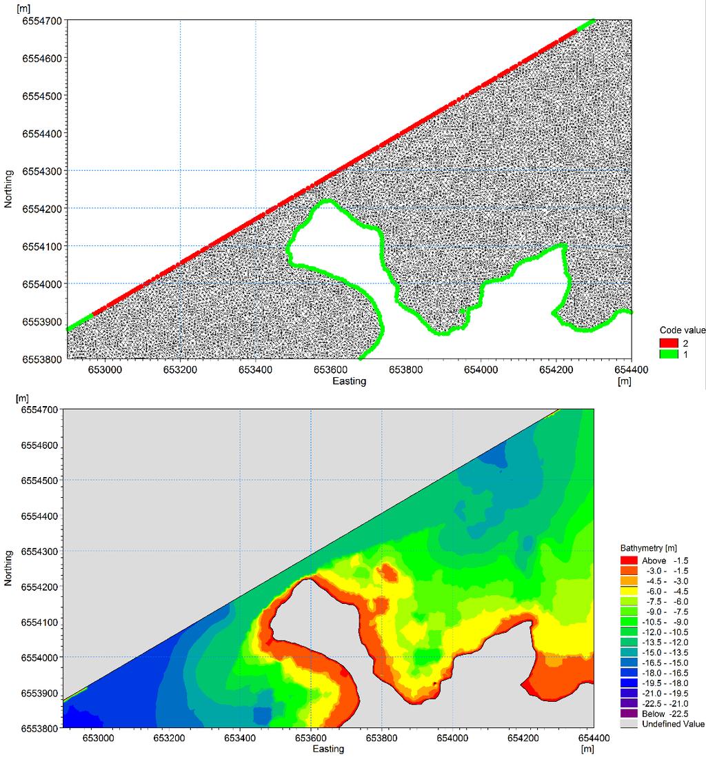 Figur 3-7 Exempel på beräkningsnätet (övre bild) och den ingående djupdatan (nedre bild) för samma område. 3.3.3 Modellering av avsänkningsvågor Den primära, eller undanträngda, vågen är inducerad genom olika vattenflöden runt skeppets skrov.