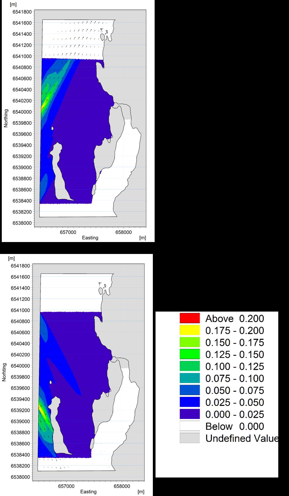 Resultat Figur 4-9 Höjden på svallvågorna, som träffar Regarns västra strand, från ett framtida containerskepp vid 9 knops fart i nordlig riktning (överst) och sydlig riktning (underst)