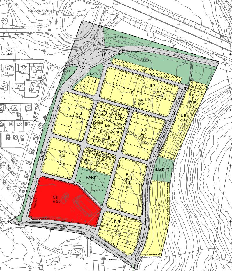 plankartan för det aktuella området. Gul markering innebär bostäder medan röd markering innebär skola. Samtliga planerade bostäder och skolan består av högst två våningar. Figur 2.