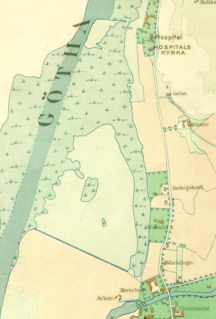 På kartor över området från 1790 syns att det tidigare fanns en östlig älvfåra parallellt med Göta Älv. Säveån mynnade ut i den östliga älvfåran.