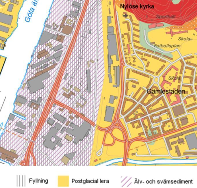 Jordlagerföljd Marieholmsgatan och dess omgivning ingår i Göta Älvs dalsänka som består av mycket mäktiga leravlagringar.