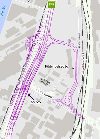 För anslutning av södergående trafik från E45 till Marieholmsgatan anläggs en ny cirkulationsplats vid fastigheterna Hajen 28:20och 28:21.