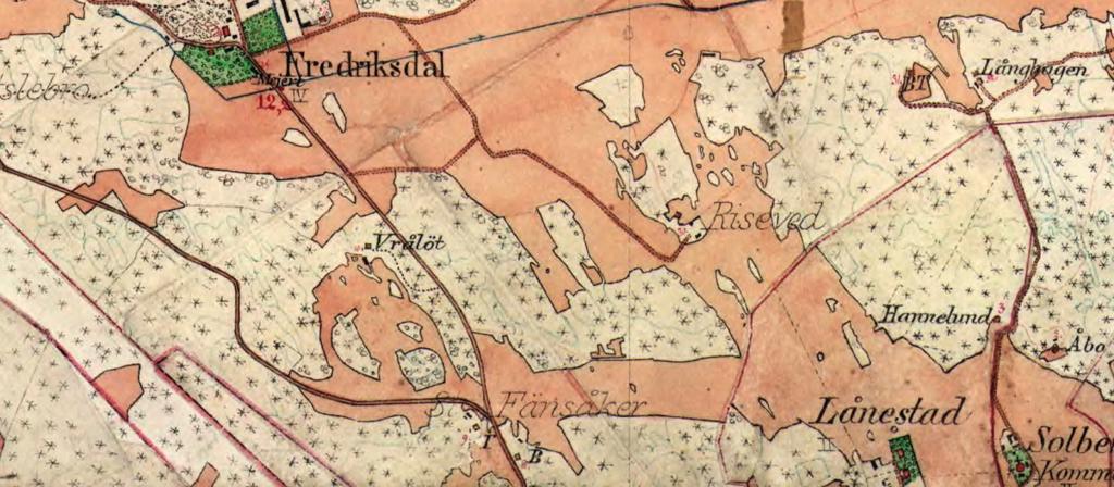 Figur 1. Häradskartan över Lånestaheden, kartlagd åren 1897-1904, visar att större delen av området då var täckt av barrskog.