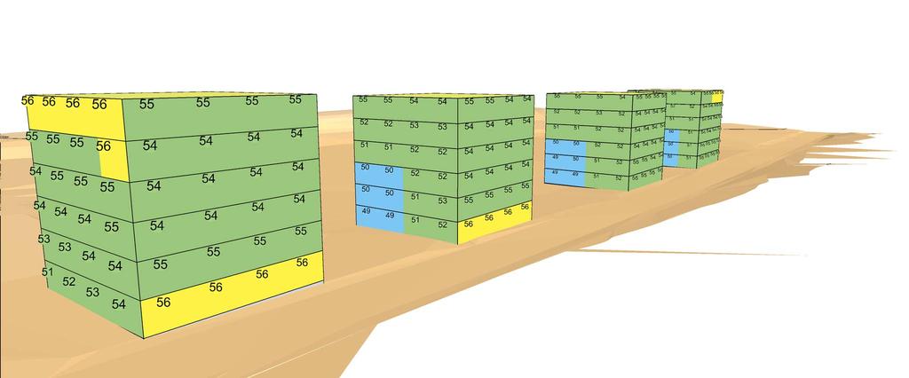 Elevation in m in m 24 < 28 < 32 < 36 < 40 < 44 < 48 < 52 < 56 < 60 < 64 < 68 < Vy från sydväst 1 2 4 3 Nordmarksvägen Elev Vy från nordöst Aktuellt riktvärde-