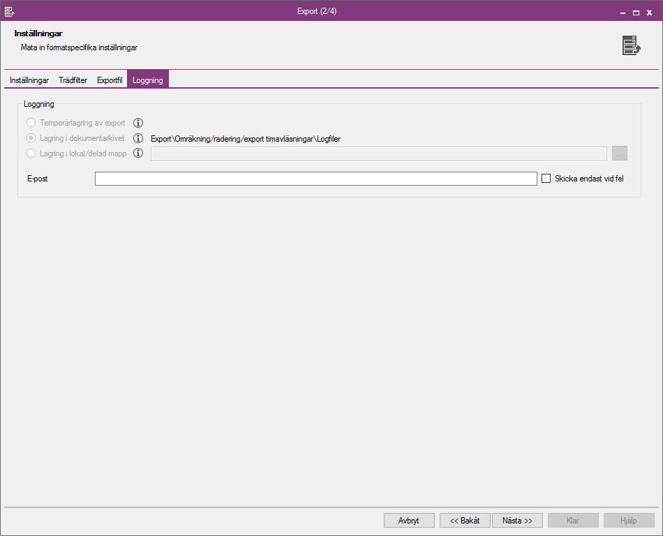 Om man har valt Lagring i lokal/delad mapp men inte angivit någon sökväg så kommer inga logfiler att sparas.