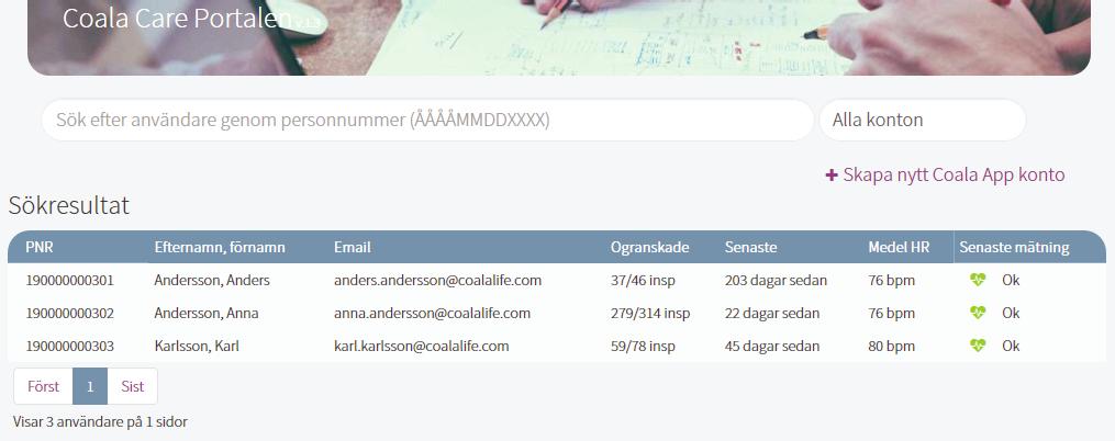 Sököversikt I sököversikten kan användaren söka efter en patient för att granska lagrade mätningar, allmän patientinformation och skicka en begäran om tillgång till lagrade data.