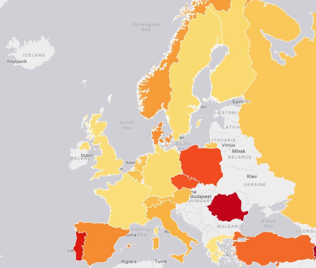 Av världens 40 största artikelproducenter är 20 från Europa. I Figur 10 visas dessa europeiska länders volymtillväxt i närmare detalj (data från Figur 8).