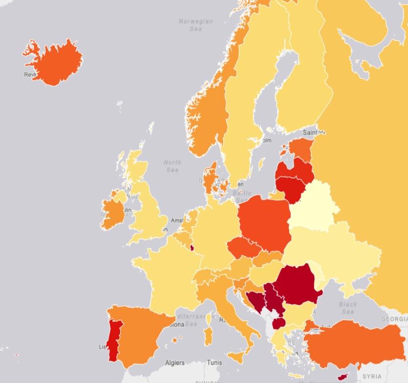 Figur 11 Volymtillväxt (procent per år) under 2005-2015 hos samtliga länder i Europa. Färg (ljusgul-röd) indikerar låg-hög tillväxt.