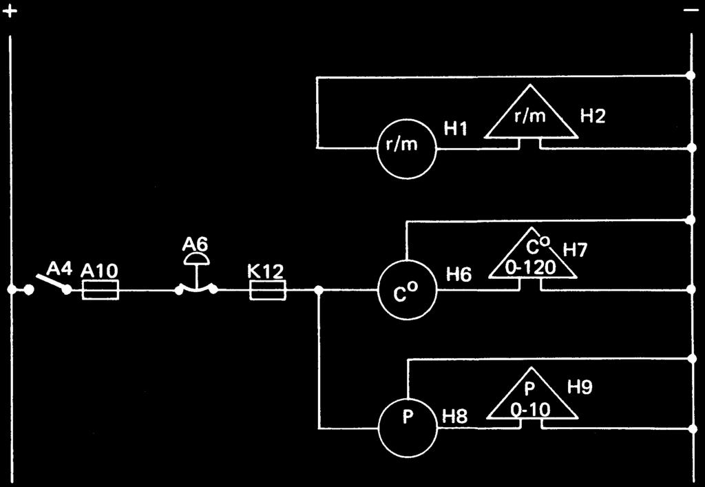 Instrument och givare A4 Huvudströmställare H2 Varvtalsgivare A6 Automatsäkring 50A/35A H6 Tempmätare kylvätska A10 Säkring 80A H7