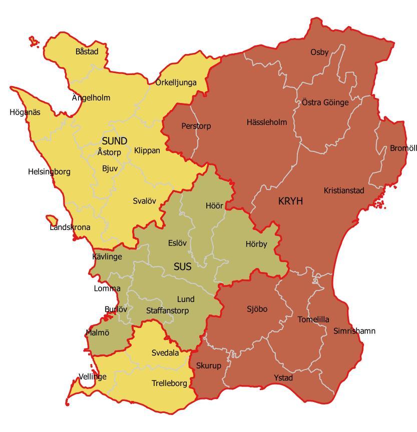 Figur 1: Karta över region Skånes tre förvaltningar inom hälso- och sjukvård. Det finns en Sjukvårdsnämnd Sund som är en ny nämnd för mandatperioden 2015-2018.