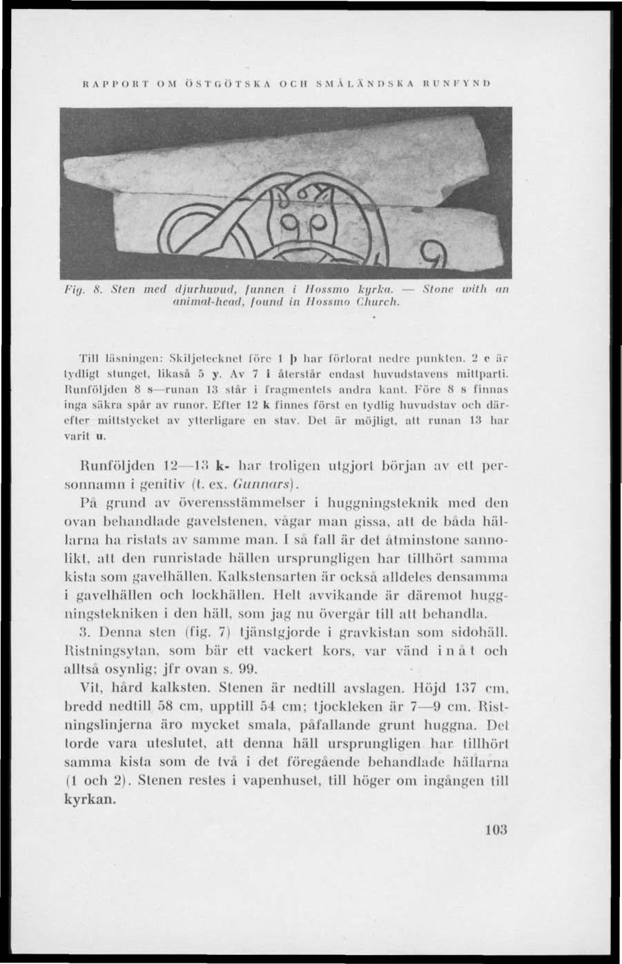 II A 1' I" (I 11 I (I M () S T G (i T SKA (1 C II S M A 1, A N I) S K A II l' N 1" ^ N 11 Ag. $. Sten med djiirbuviid. funnen i Hossmo kgrka. animal-head, found in Hossmo Church.