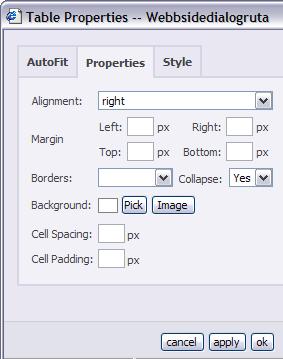 Under fliken "Properties" kan du redigera din tabells utseende. Alignment - välj textens justering i cellerna. Margin - Ange med siffror hur mycket utrymme du vill ha mellan varje cell.