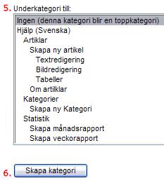 Sista steget innan du kan spara din artikel blir att välja ut var kategorin skall ligga (5.) i menystrukturen.