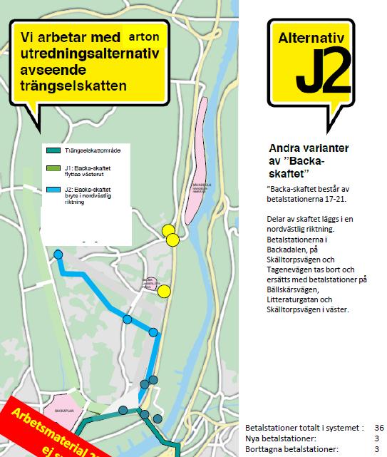 Betalstationerna i Backadalen, på Skälltorpsvägen och Tagenevägen tas bort och ersätts med betalstationer på Bällskärsvägen, Litteraturgatan och Skälltorpsvägen i väster.